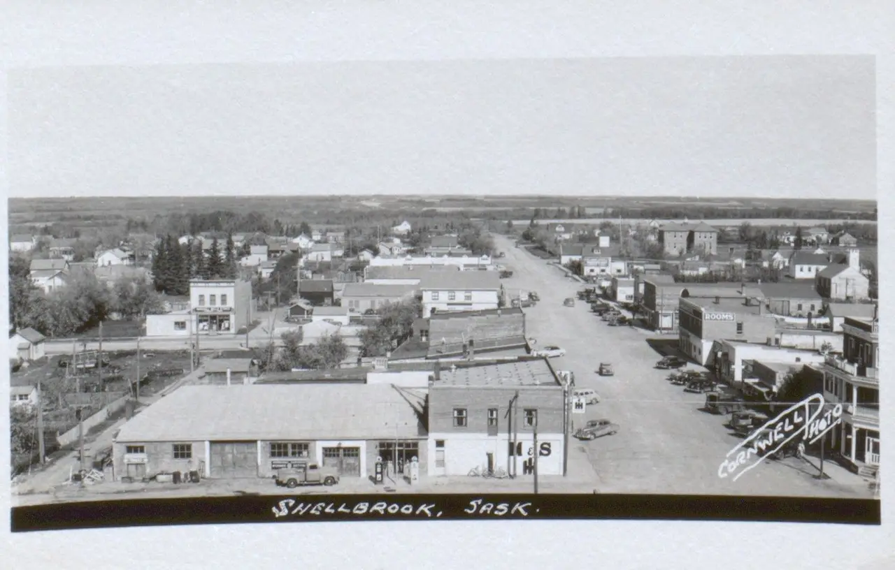 Aerial view of Shellbrook's main street, about 1940s